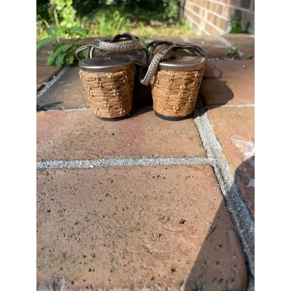 Donald J Pliner Bronze Metallic Woven Wedge Slingback Sandals Sz 8.5